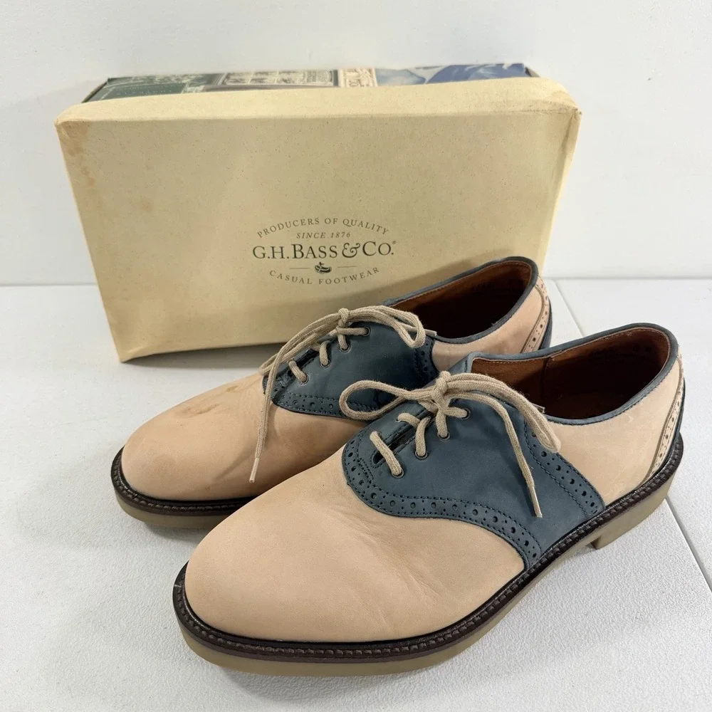 GH Bass Mens Saddle Oxford Suede Bone Multi Montgomery Blue Size 8 M W/ Box